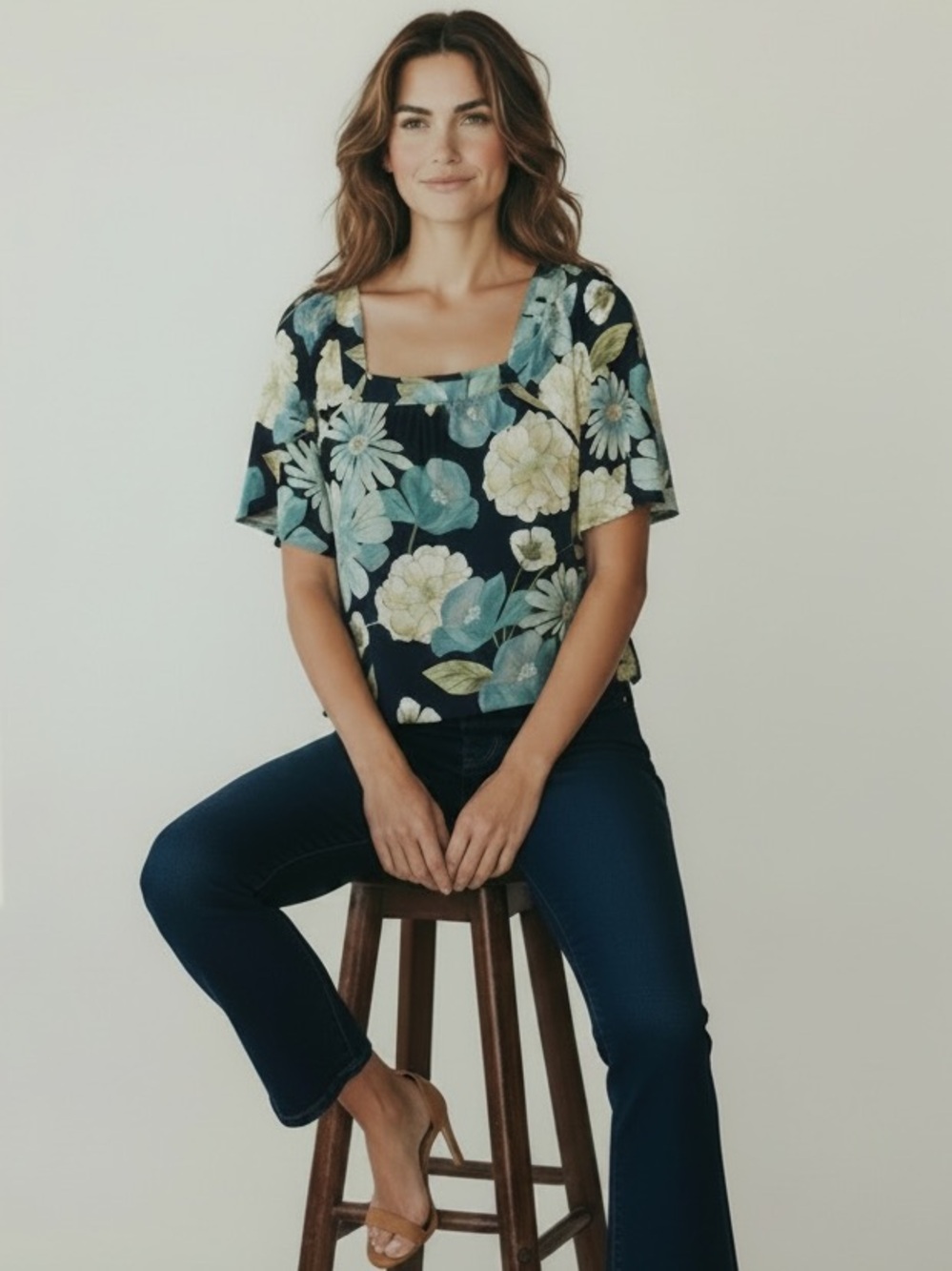 Loft Floral Coquette Square-Neck Short Sleeve Top - Navy Light Blue Floral